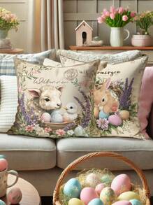 4 pièces Housses de coussin décoratif de Pâques en velours avec lapins, œufs de Pâques, moutons floraux. Amusantes et vintage en violet et brun. Impression unilatérale 45x45cm/18x18po pour la décoration du salon, de la chambre à coucher et du canapé au printemps. Sans les inserts de coussin.