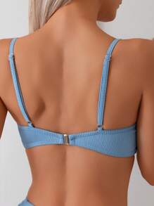 2 件蓝色条纹比基尼套装，U 型褶皱基本款泳装，适合海滩夏季度假 - 藍色 - 查看 4