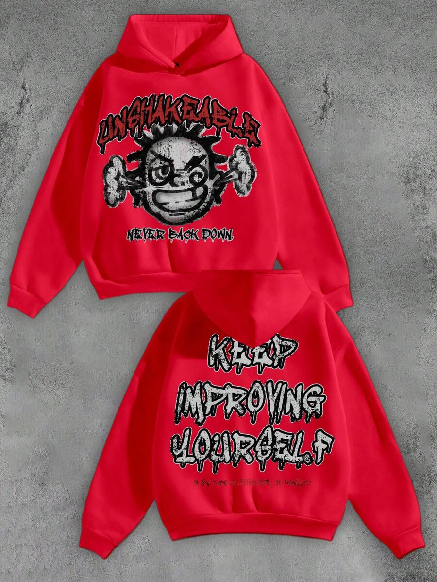 Manfinity EMRG Sudadera de corte oversize con estilo de calle, vintage y desgastada, con estampado de graffiti y texto de dibujos animados, con forro térnico y ajuste relajado - Rojo - Ver 1