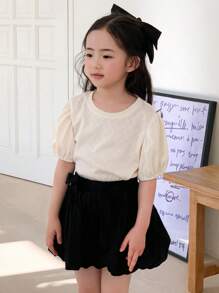 DAZY 2pcs/Set Young Girls Solid Color Round Neck Puff Sleeve Top And Mini Skirt,Girls Summer Outfits - Apricot - View 3
