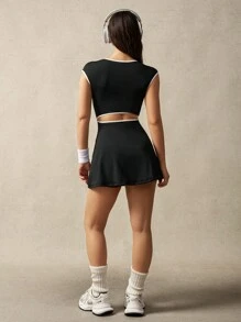 VARSITIE V-Neck Mini Bodycon Short Sleeve Dress - Black - View 2