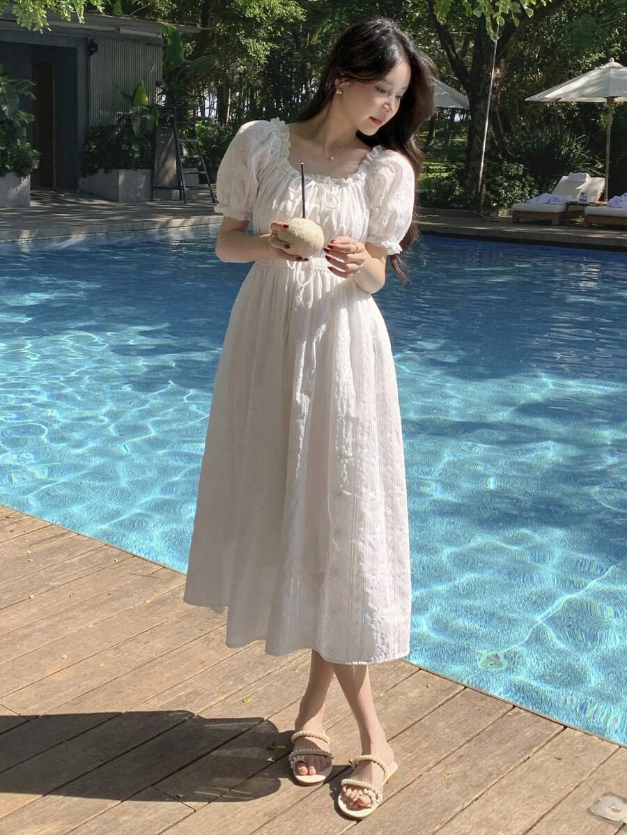 DAZY Nuova primavera Vestito da donna a fascia per la Festa di San Valentino, vestito Muse, scollo quadrato delicato, ricamato e jacquard, vita vita stretta, nastro con fiocco, abito a maniche corte, abiti casual da donna