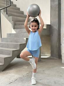 SHEIN 2 件装少女纯色针织修身短款上衣和短裤套装，运动装 - 藍色 - 查看 4