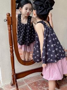 DAZY 2pcs/Set Young Girl Vacation Casual Ditsy Floral Print Vest And Skirt Set,Girls Summer Outfits - Black - View 2