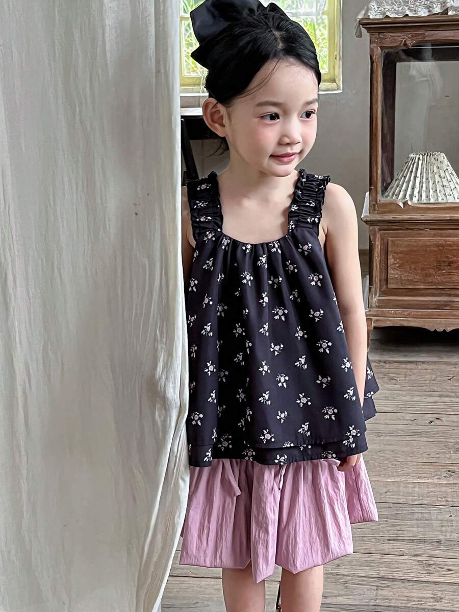 DAZY 2pcs/Set Young Girl Vacation Casual Ditsy Floral Print Vest And Skirt Set,Girls Summer Outfits - Black - View 1