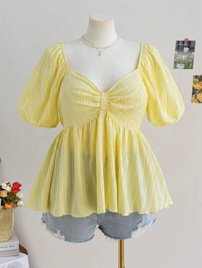 Soleia Plus Size Solid Color Women Puffy Sleeve Bow Front Peplum Peasant Casual Summer Shirt, Yellow, Back To School Cute Lunch Casual Clothes For Easter