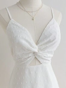 Soleia Women's Vacation Style Camisole Mini Dress, With Bowknot Back Straps, Twist Front, White Summer Casual