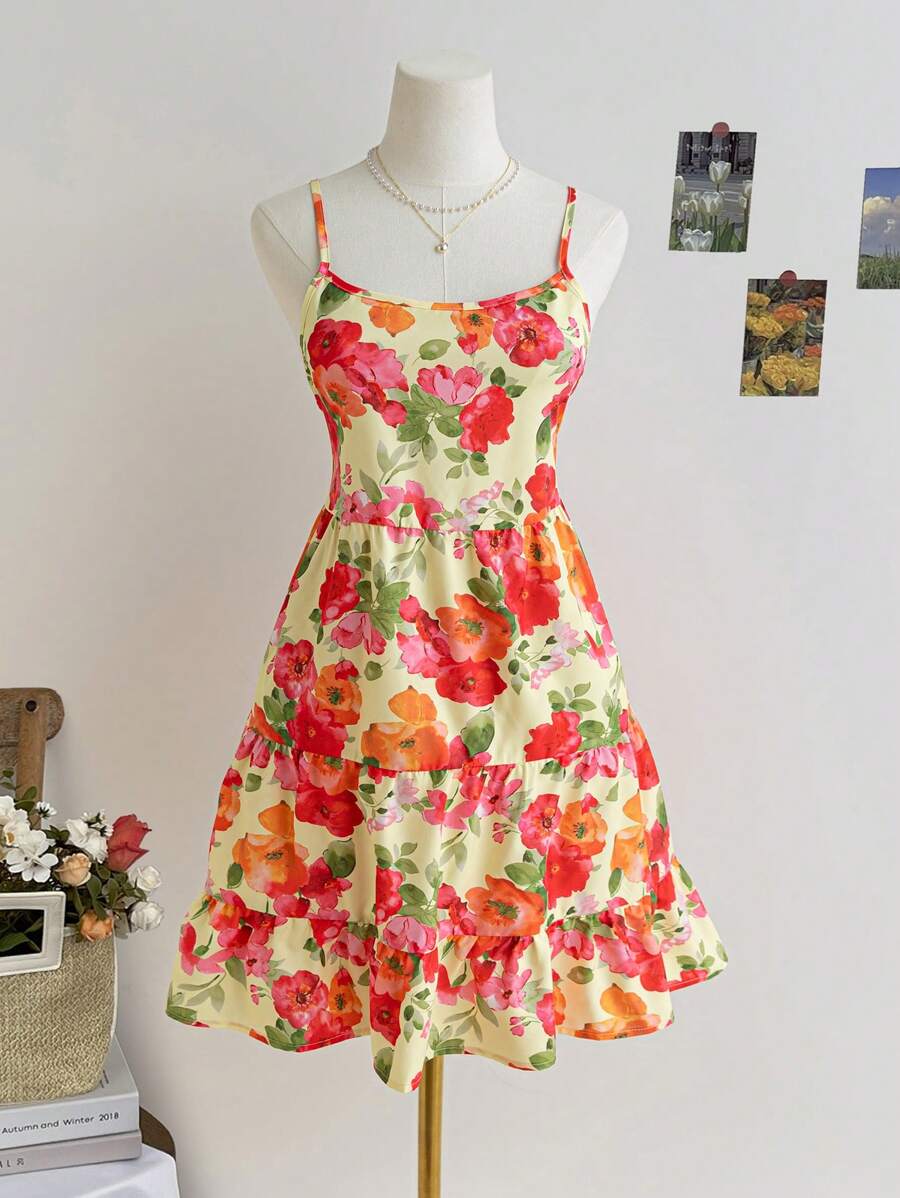 Soleia 女士彩色热带花卉印花休闲迷你连衣裙，无袖露背系带背心裙，适合度假、夏季野餐、浪漫漫步、春季