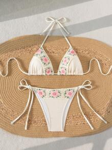 Swim Mod 2pcs Textured Fabric Crochet Floral Halter Tie-Side Sexy Sweet Bikini Swimwear Set, Suitable For Spring Break & Festival Boho For Summer Beach Vacation - Apricot - View 4