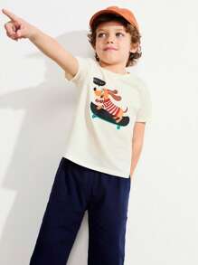 SHEIN 2pcs Toddler Boys Dog Graphic Round Neck Loose Beige T-Shirt And Casual Pocket Loose Navy Blue Pants Set, Casual & Cute Style - Beige - View 6