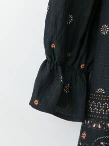 Lacomfia Plus Size Black Embroidered Dress For Women: Floral Print Arabian Style Tunic Top