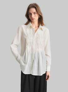 Ontre Blusa de mujer de estilo vintage bohemio, color marfil con rayas y detalles plisados, cuello vuelto único y mangas largas, de lino