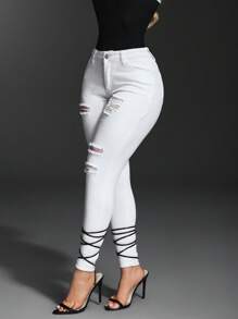 SHEIN SXY 女士休闲牛仔裤，简约时尚，适合日常穿着 - 白色 - 查看 3