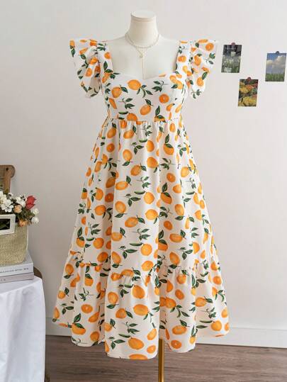Dreamara 大码女式清新柠檬印花飘逸腰部 A 字中长连衣裙，春季假期