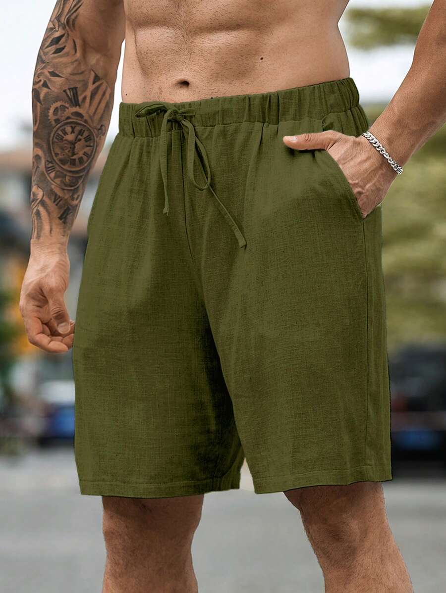 Manfinity RSRT Men's Plus Size Solid Color Drawstring Shorts With Pockets Summer Casual Linen Knee Plain Men Summer Shorts - Army Green - View 1