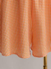 Dreamara Women Plus Size Orange & White Plaid Ruffle Puff Sleeve Casual Holiday Square Neck Jumpsuit, Summer - Orange - View 3