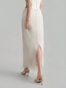 Ontre 女款白色四季高端设计羽毛流苏裙新年节日优雅派对裙简约时尚都市通勤优雅