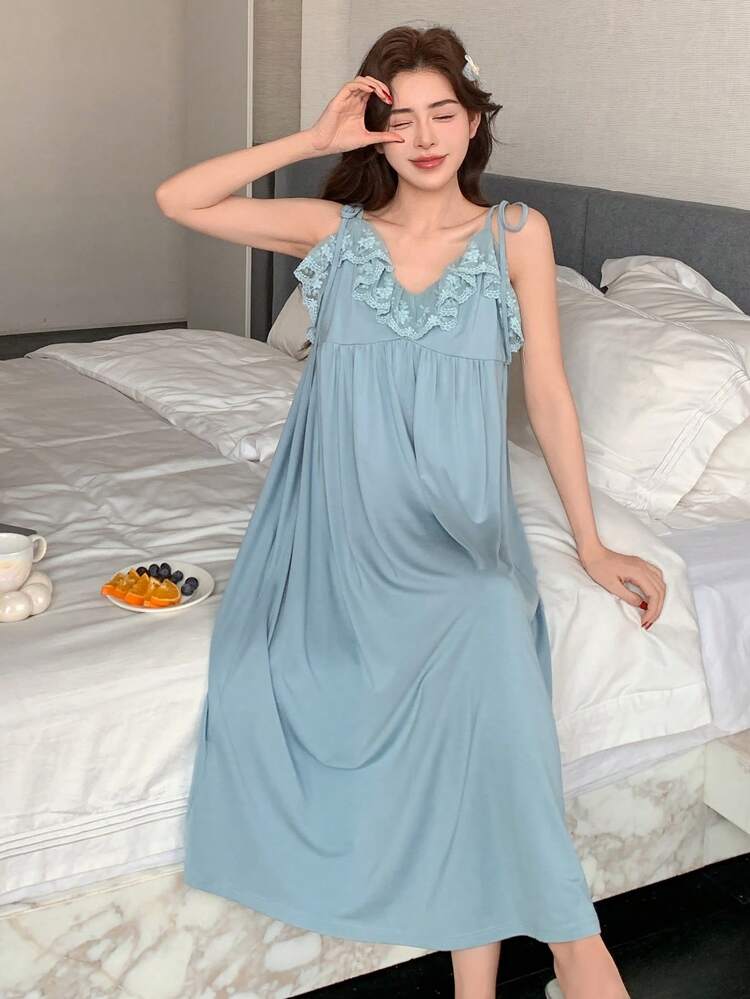 Sweet Lace Ruffle Tie Strap Nightgown Pajama