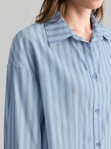 Ontre 2 件女式条纹长袖纽扣衬衫和中长裙休闲套装