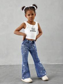Young Girl Distressed Rhinestone Embellished Flared Washed Denim Jeans - Medium Wash - View 6