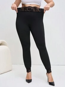 SHEIN Clasi Leggings noirs patchwork en dentelle à taille élastique pour femmes grandes tailles, tenues de sortie, Saint-Valentin, été/printemps, vintage, vêtements de travail pour femmes, style Old Money
