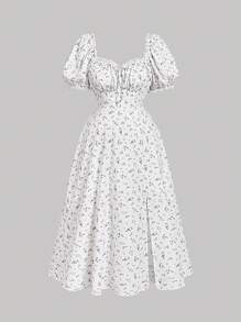 SHEIN MOD Plus Size Women Purple Floral Vacation Elegant Puff Sleeve Dress, Milkmaid Style,Corset Dress