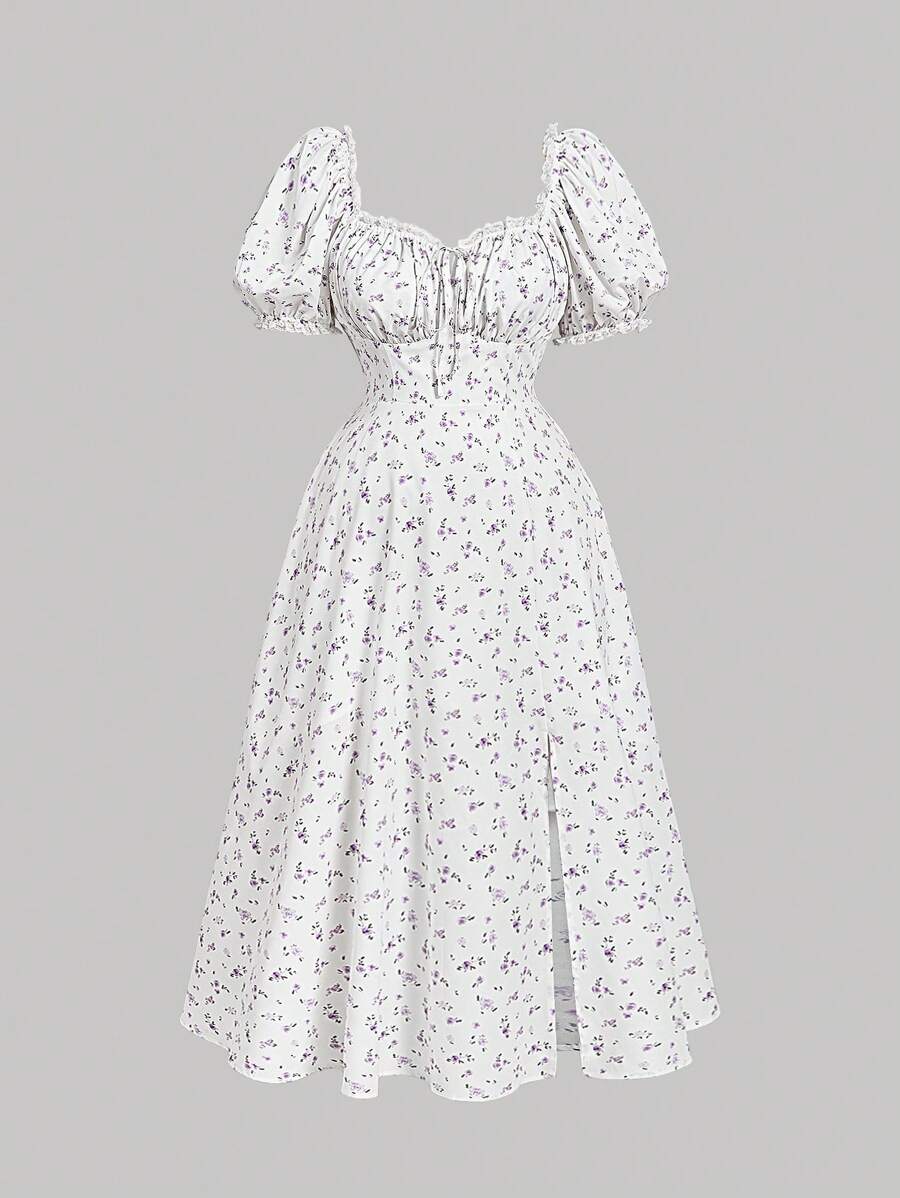 SHEIN MOD Plus Size Women Purple Floral Vacation Elegant Puff Sleeve Dress, Milkmaid Style,Corset Dress