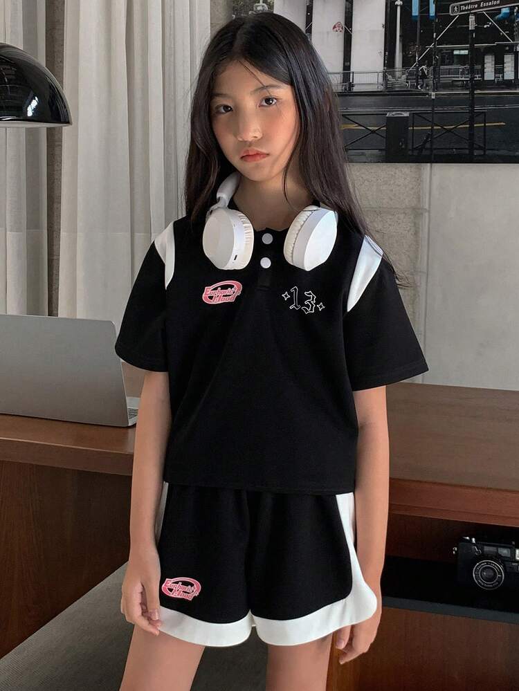 Tween Girls 2 Pieces Set: Contrast Color Splice Short Sleeve Top And Shorts