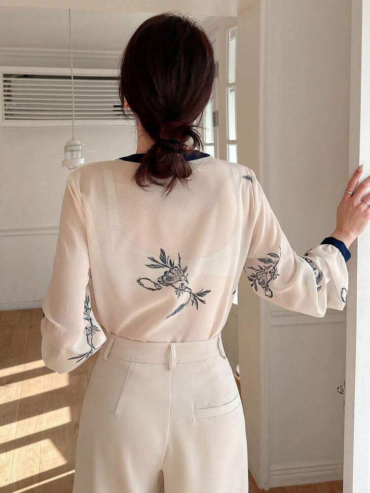 New Summer Fashion Elegant Blue Printed Long Sleeve Ladies Shirt,Fall Women Clothes