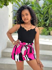 SHEIN Tween 女童夏季休闲度假花瓣花卉拼接色块印花连体短裤，适合夏季、度假、海滩 - 黑色 - 查看 5