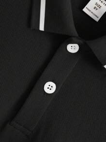 SHEIN 青少年男孩纯色针织 Polo 衫（有领） - 黑色 - 查看 5