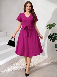 SHEIN Clasi Plus Size Elegant Ruffle Sleeve Romantic Dress, Summer, Elegant Dress, Women's Summer Dress, Women's Birthday Dress, Women's Wedding Guest Dress, Women's Cocktail Dress, Women's Concert Dress - Purple - View 4
