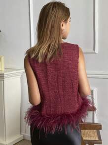 DAZY Ankara Red Plaid Faux Fur Patchwork Vest Style Women's Regular Jacket Women Coats - Red - View 2