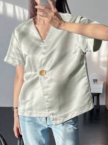 DAZY Summer New Vintage Design Satin Women Blazer Business Attire - Grey - View 4