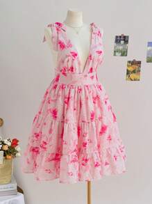 Soleia فستان كاجوال للسيدات ذوات المقاسات الكبيرة مع نقش زهري ونسيج منقوش ولامع، قصة A-line، روماسي مناسب للأعياد والمناسبات الخاصة كيوم الحب - متعدد الألوان - مشاهدة 5