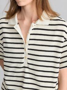 Ontre 2pcs Women Stripe Polo Collar Short Sleeve Top And Shorts Set, Casual Knit Suit Combo Outfit, Spring/Summer