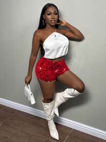 Slaydiva Pantalones cortos pegados de mujer con brillo para fiesta