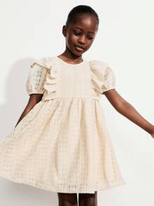 SHEIN Young Girls Sweet Country Style Apricot Puff Sleeve Ruffle Collar Embroidered Dresses - Apricot - View 4