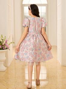 SHEIN Glamorique Kids Tween 女孩时尚优雅提花泡泡袖夏季派对连衣裙，适合日常、派对和聚会，展现女孩的优雅、纯真和优雅 - 彩色 - 查看 2
