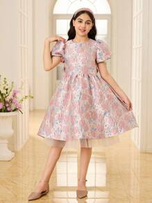 SHEIN Glamorique Kids Tween 女孩时尚优雅提花泡泡袖夏季派对连衣裙，适合日常、派对和聚会，展现女孩的优雅、纯真和优雅 - 彩色 - 查看 5