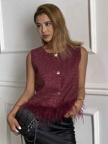 DAZY Ankara Red Plaid Faux Fur Patchwork Vest Style Women's Regular Jacket Women Coats - Red - View 4