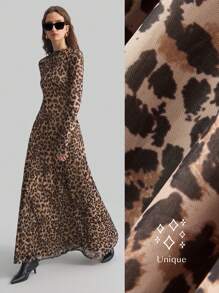 Ontre 2026SS New Elegant Leopard Print Digital Printed Long Sleeve Dress, Fitted Waist A-Line Silhouette, Suitable For Party, Holiday, Office, Wedding Guest, Vacation, Versatile Fashion Commuter Dress - Brown - View 9