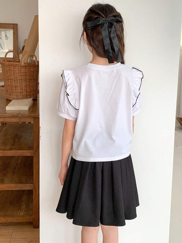 2pcs Tween Girls Bow Print Ruffle Trim Short Sleeve Top And Pleated Mini Skirt Set,Girls Summer Outfits,Back To School Clothes