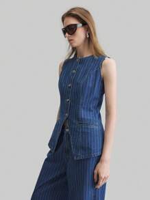 Ontre Áo vest denim xanh nữ Áo vest sọc Phong cách hàng hải Phong cách Old Money - Rửa trung bình - Xem 4