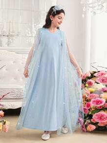 SHEIN Leap Crew Tween Girls Sparkly Rhinestone Mesh Maxi A-Line Dress,Light Blue Princess Gown For Summer,Elegant Party Prom Graduation Birthday Flower Girl Dress - Blue - View 3