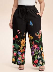 SHEIN LUNE 大码休闲花卉印花阔腿裤女士夏季大码大码春季婚礼宾客女士休闲日常穿着、通勤优雅度假商务休闲女士