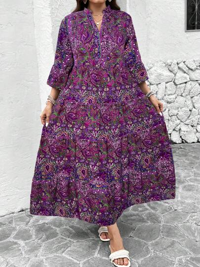 SHEIN LUNE Vestido de mujer talla grande con cuello en pico profundo y estampado de paisley