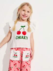 SHEIN 2 件套年轻女孩可爱樱桃印花 T 恤和可爱樱桃口袋裤子套装 - 彩色 - 查看 4