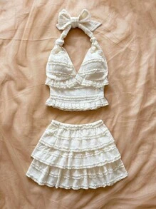 Soleia 花卉纹理打结挂脖迷你裙套装 - 白色 - 查看 3