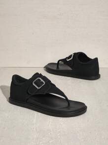 SHUZIA Women Buckle Decor Thick Bottom Basic Everyday Comfort Outdoor Suede Black Flat Sandals Vacation Shoes Casual Shoes Beach Shoes - Black - View 7